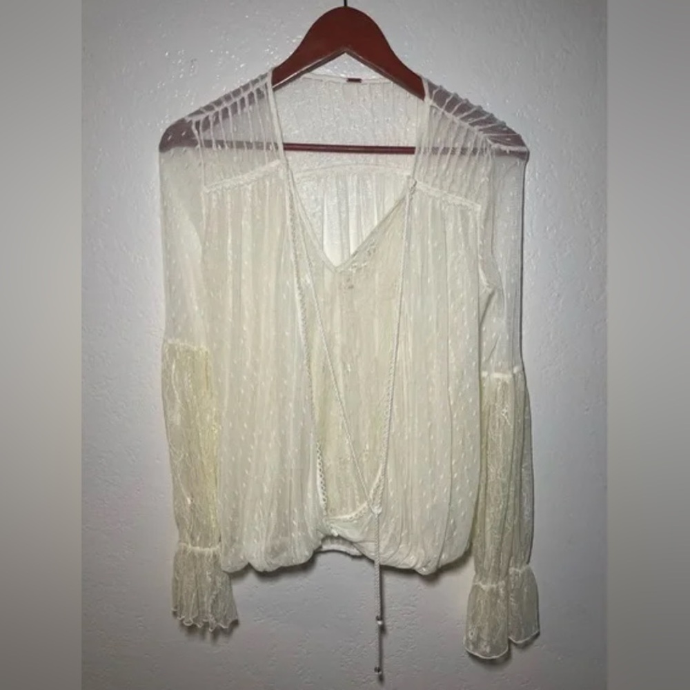 Free People Far Away Lace Blouse Medium Cream Sheer Boho Romantic Top - Picture 9 of 16